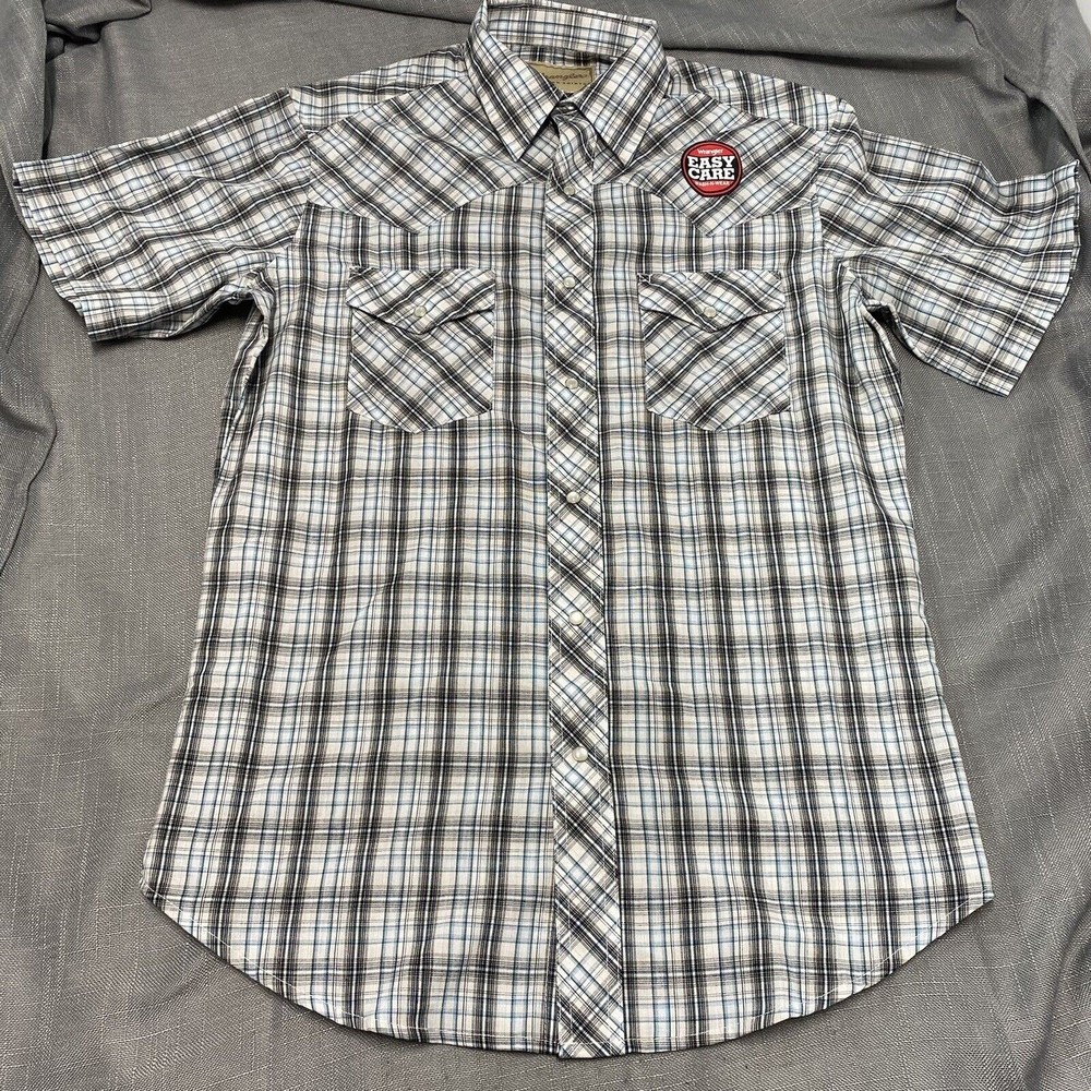 Men's Wrangler Western Short Sleeve Shirt Snap Front Easy Care Blue laid Med